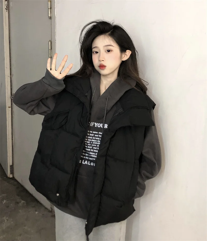 Woherb Standing Collar Fold Wear Down Cotton-Padded Jacket Cotton-Padded Jacket Vest Coat Female Spring And Autumn Winter Loose Increase Vest Outside Wear Clip Jacket-Outfit Ideas