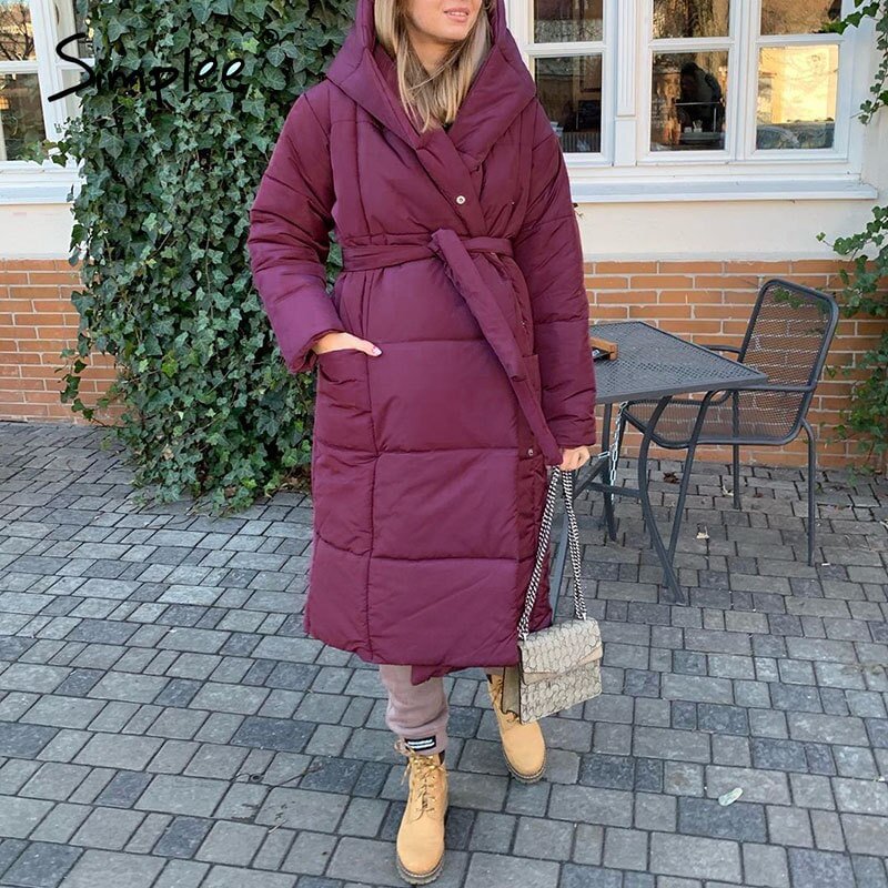 Simplee Fashion autumn winter warm coat women Casual Hooded with belt long coat parkas female High street pocket loose coat 2020