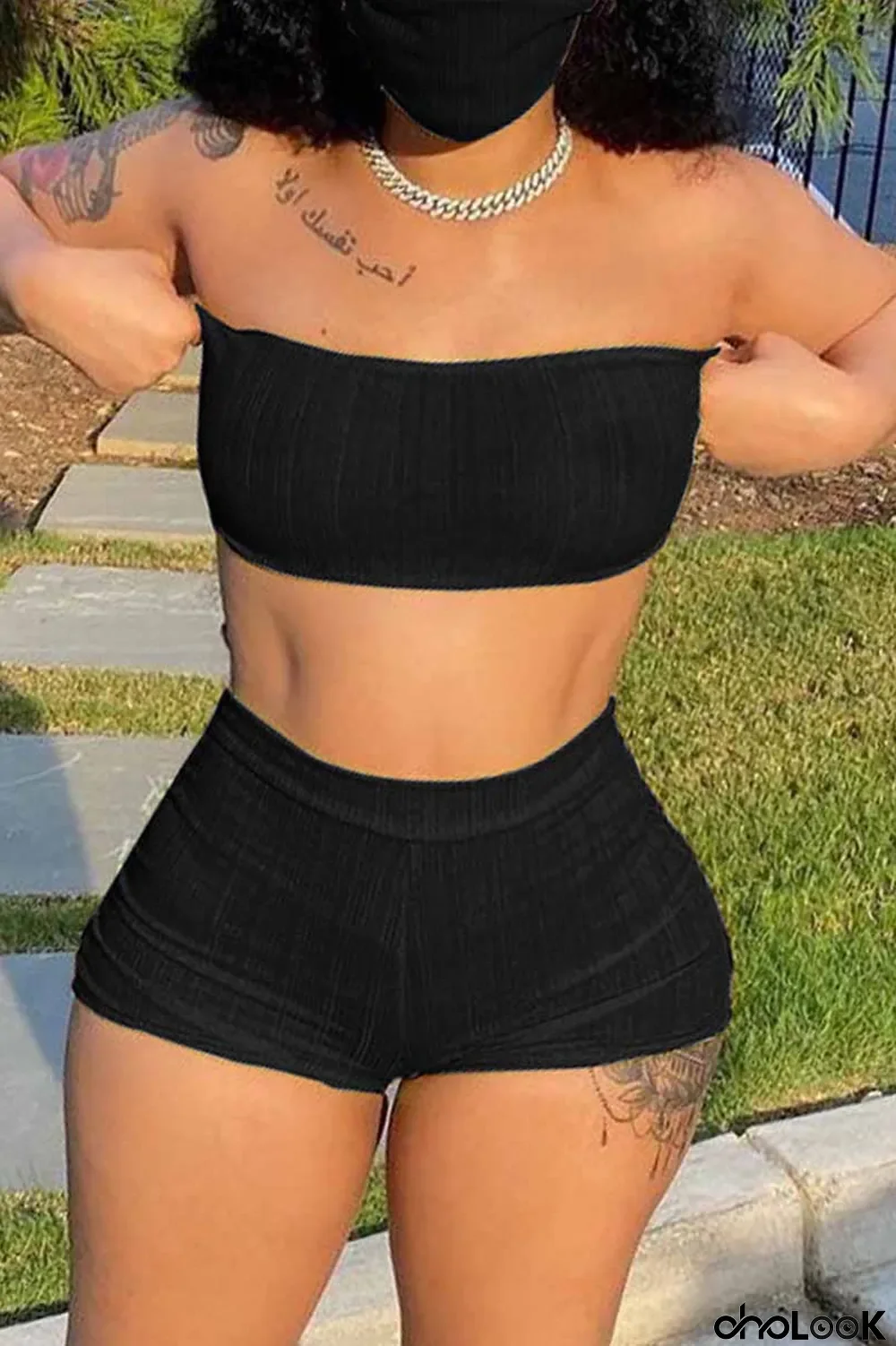 Black Fashion Sexy Solid Backless Strapless Sleeveless Two Pieces