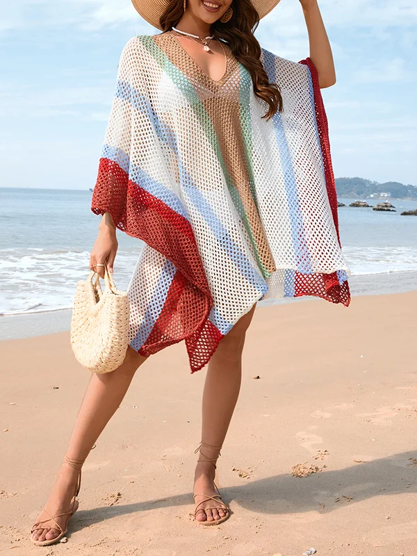 Sun Protection Striped Hollow Loose Batwing Sleeves V-Neck Beach Cover-Up