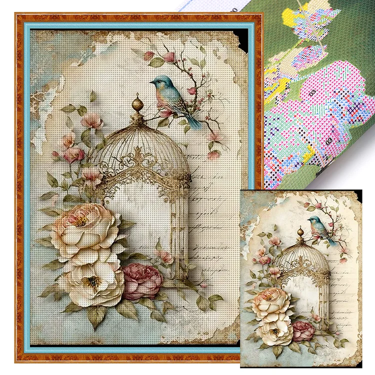 【Huacan Brand】Retro Poster - Bird And Peony Cage 11CT Stamped Cross Stitch 40*60CM
