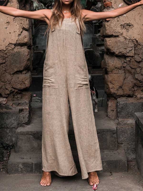 Women's Casual Wide-leg Solid Color Linen Jumpsuit-Mayoulove