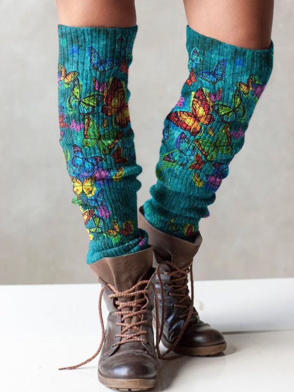 Retro butterfly print knit leg warmers boot cuffs