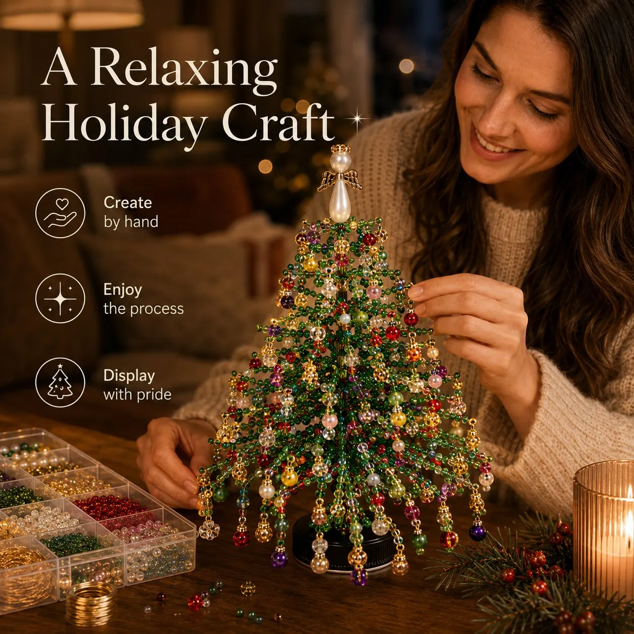 Handmade beaded Christmas tree displayed as holiday decor