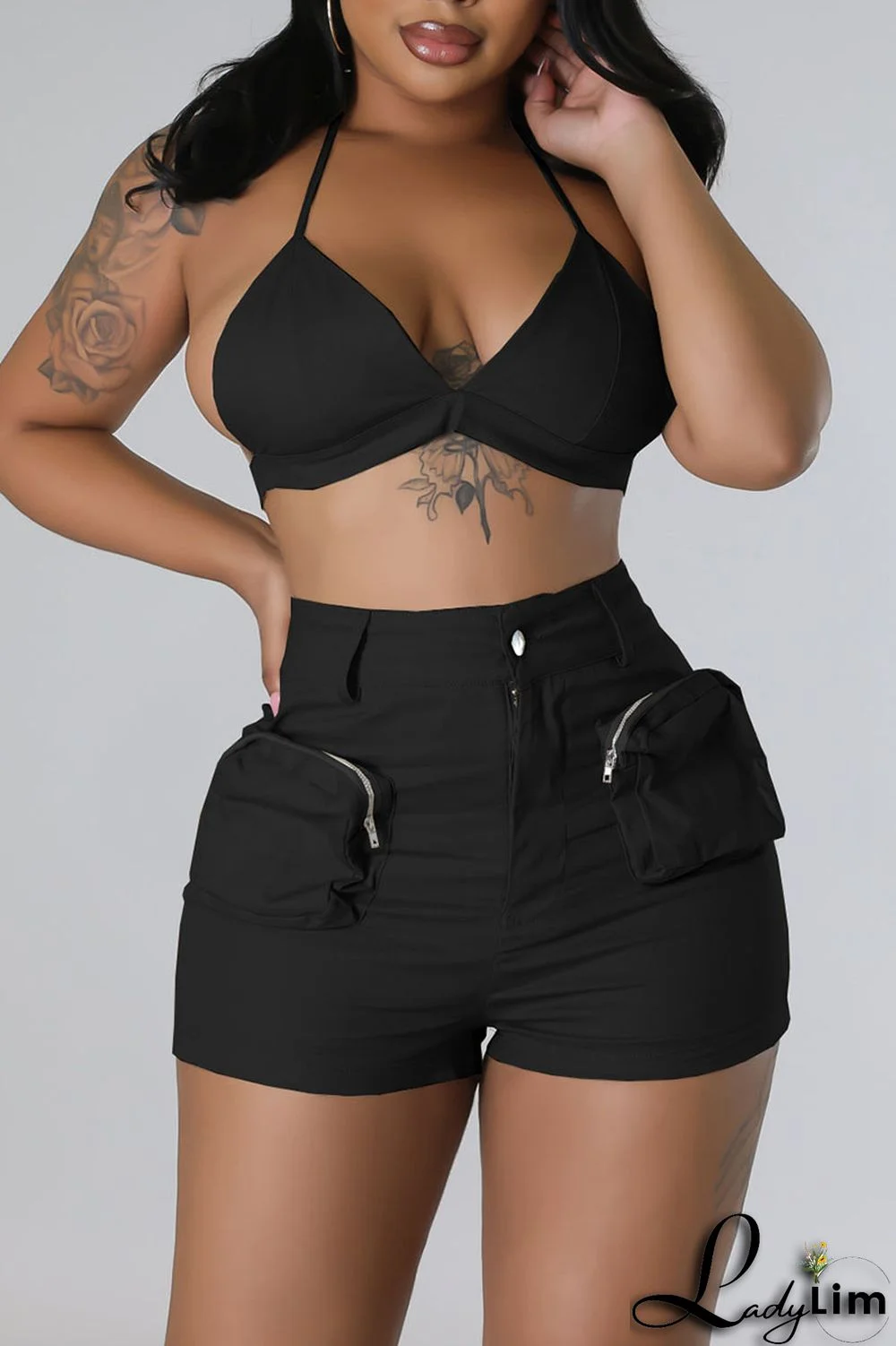 Olive Green Sexy Street Solid Patchwork Pocket Backless Sleeveless Two Pieces