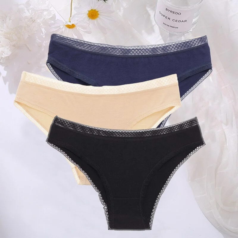 FINETOO 3PCS/Set Cotton Women Mesh Panties Sexy Perspective Lingerie Femme Underwear Girl Underpant Breathable Woman Panty Tanga