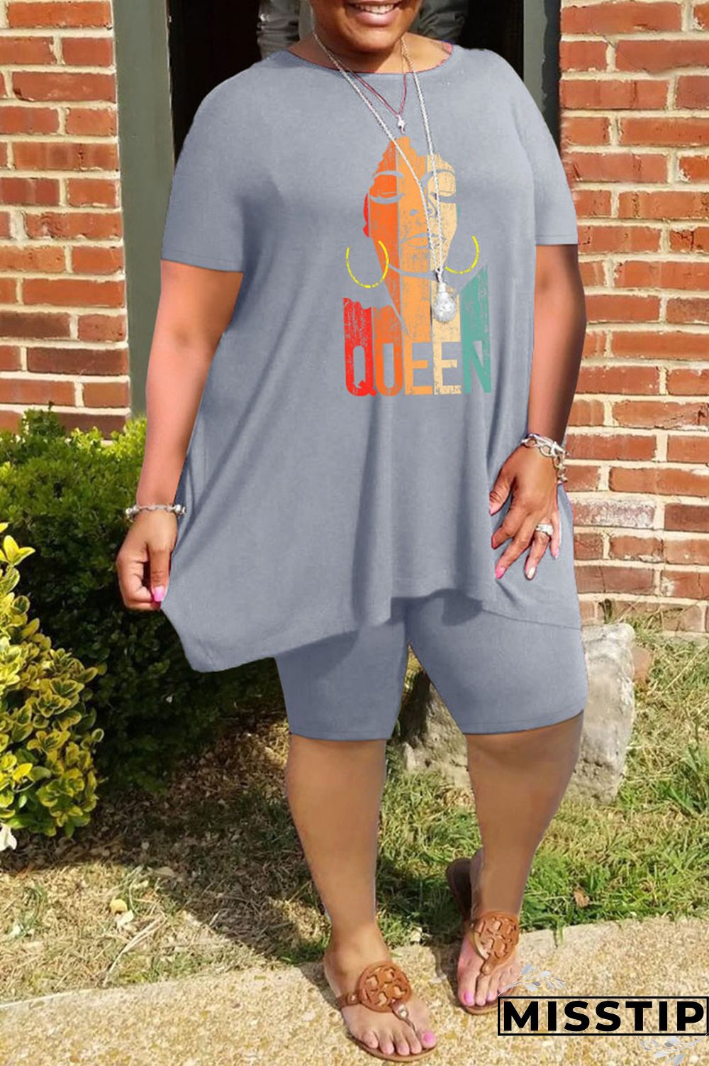 Grey Fashion Casual Print Basic O Neck Plus Size Two Pieces