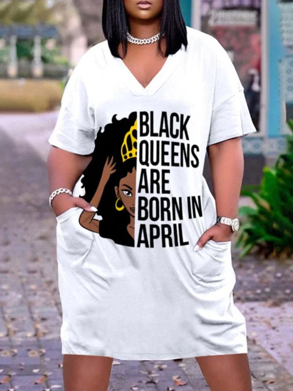 Digital Print V-Neck Casual Pocket Dress