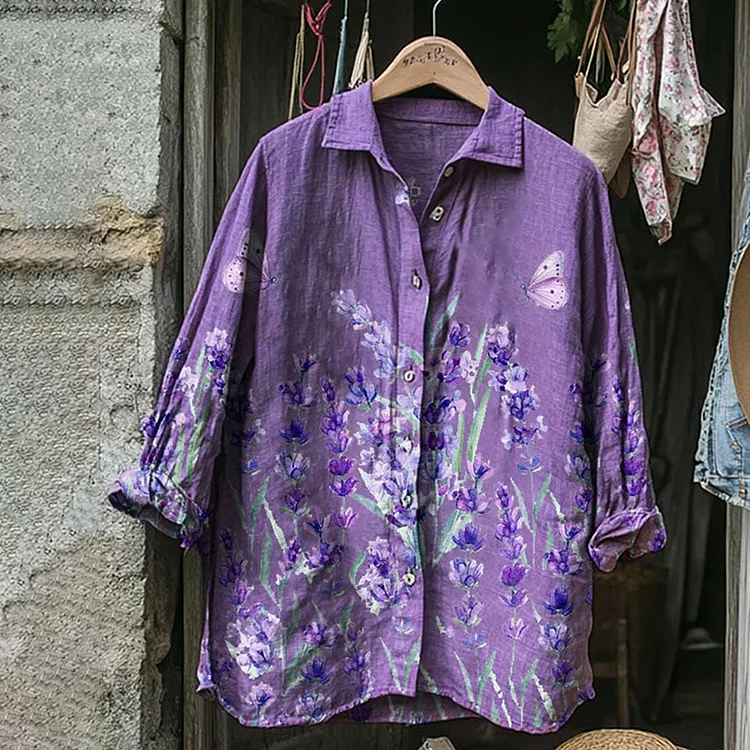 Vintage Bohemian Holiday Style Linen Floral Print  Long Sleeve Shirt