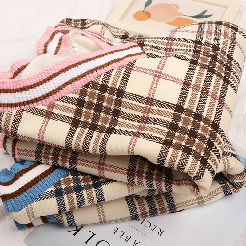 Autumn Plaid Sweaters Women Knitted Pullovers Casual Plush Sweaters Ladies Oversized Jumper Long Sleeve Tops Sueters De Mujer
