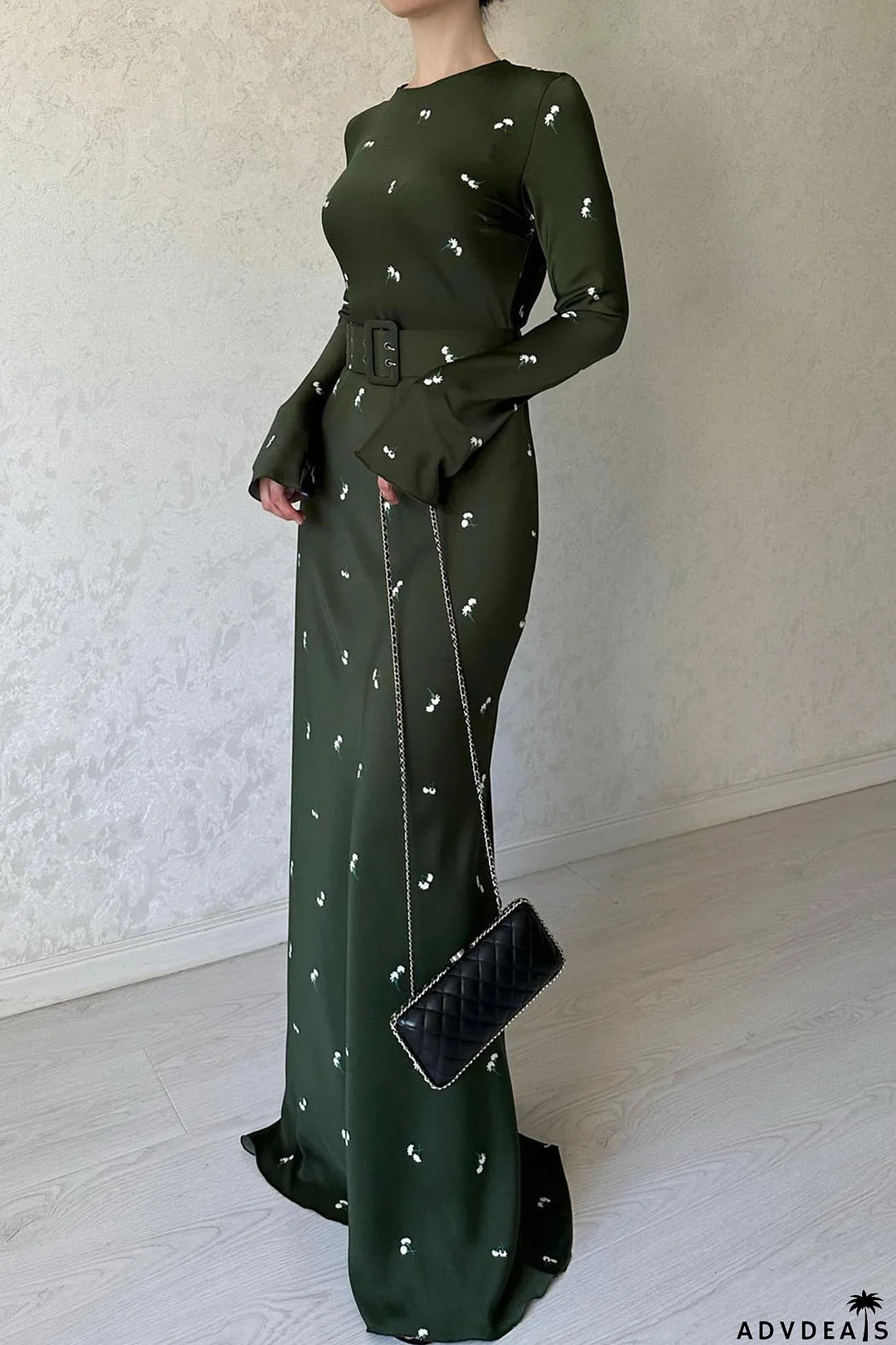 Floral Print High Waist Midi Dress with Belt