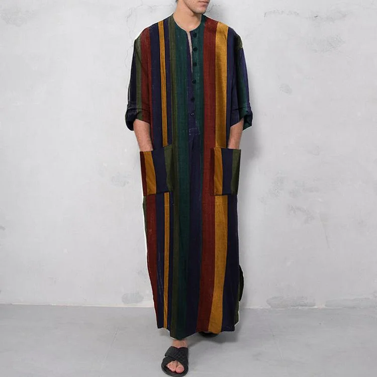 Vintage Middle East Long Sleeve Button Striped Printed Shirt Men's Robe