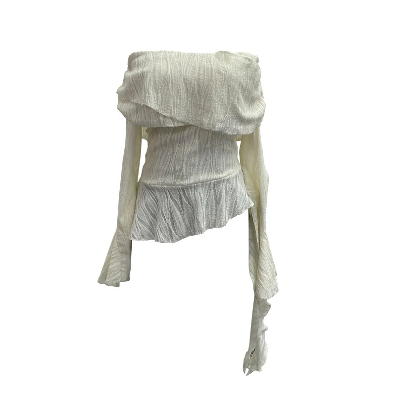 Uveng The Ballet Style Shoulder Fold Texture Texture Coat Irregularly Ribbon Horn Sleeve Short Shirt 1158