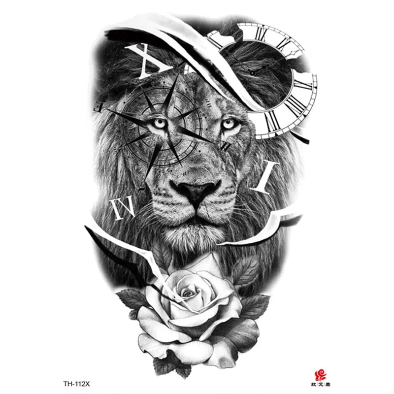 Waterproof Temporary Tattoo Sticker Lion King Clock Tiger Pattern Fake Tatto Black Body Art for Women Men Tattoo Sticker
