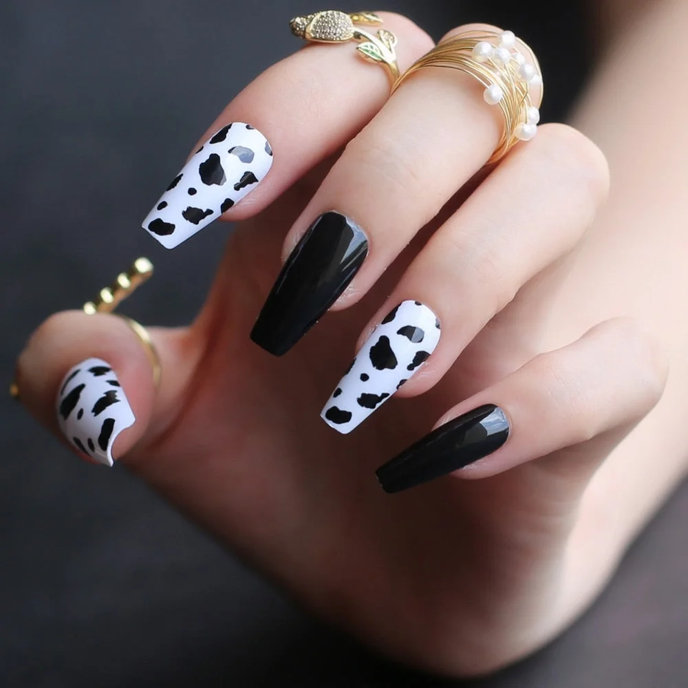 Black white mix and match cow print fake nails Medium coffin false nail UV design gel popular Black spots-Nail Inspo