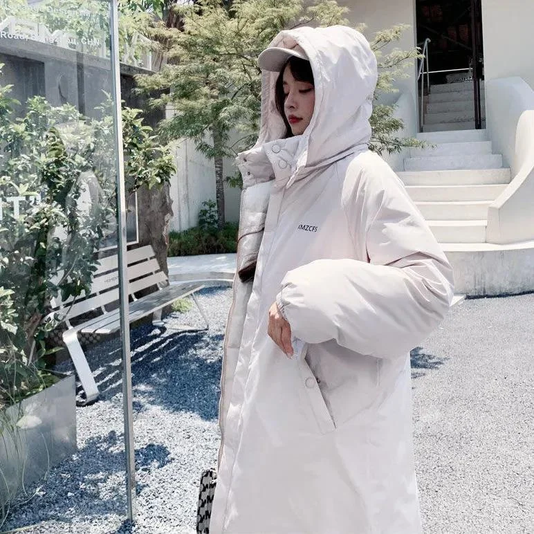 Korean Fashion Women Winter Coats Cotton-padded Long Parkas Black White Hooded Oversized Jackets Women Winter Clothes