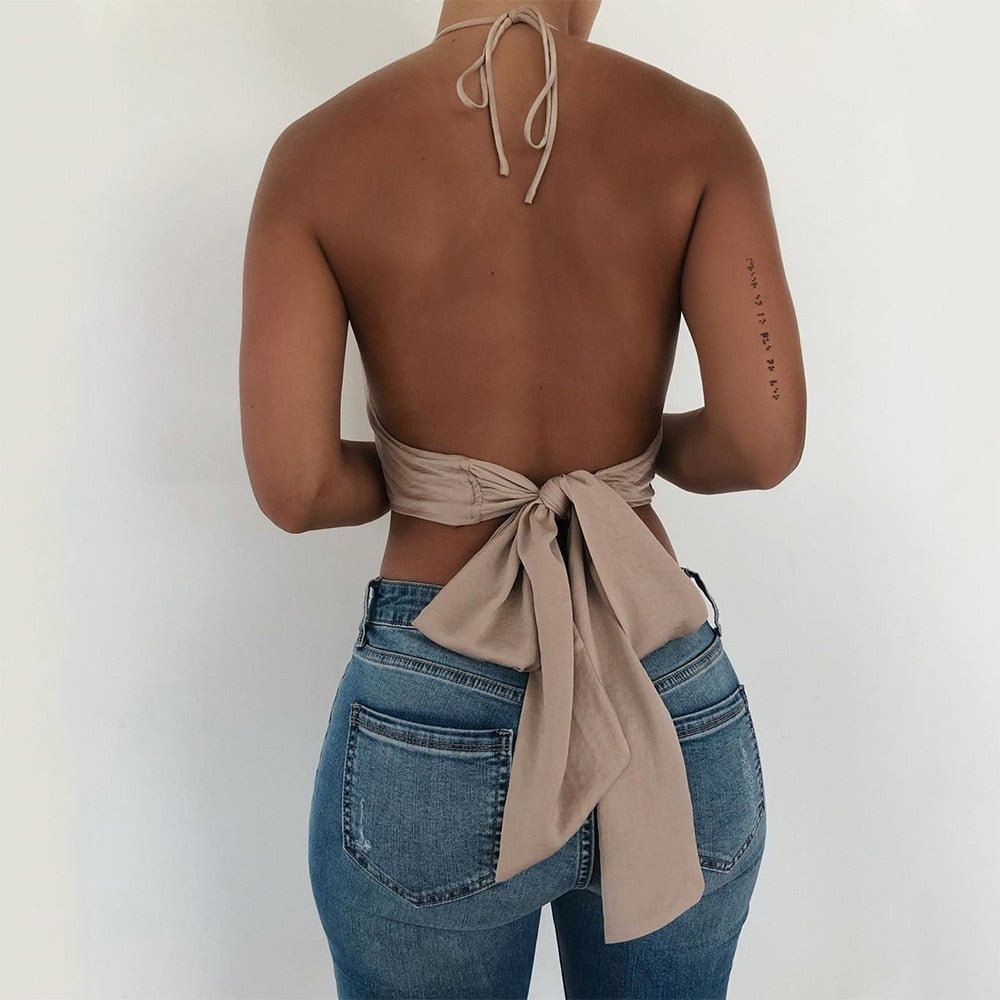 Cryptographic Fashion Satin Halter Crop Tops Sleeveless Backless Bandage Bow Tie Up Tanks Top Female Vest Cropped Streetwear