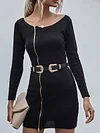 Off-The-Shoulder Solid Color Long Sleeve Zipper Sexy Slim Sweater Mini Dress