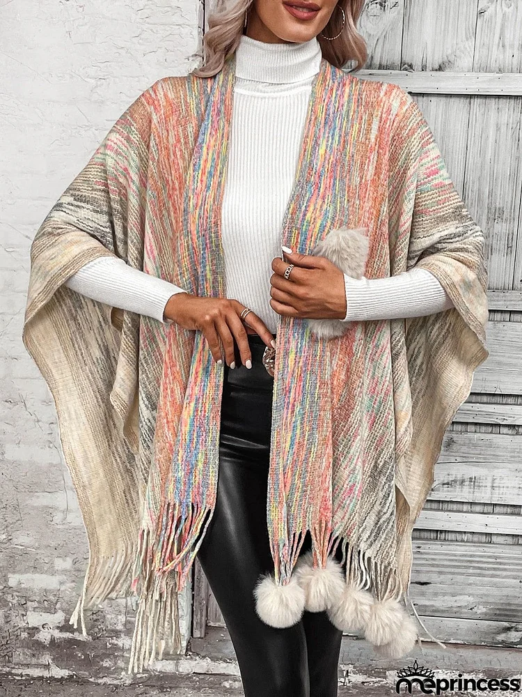 Open Front Poncho with Pom Poms