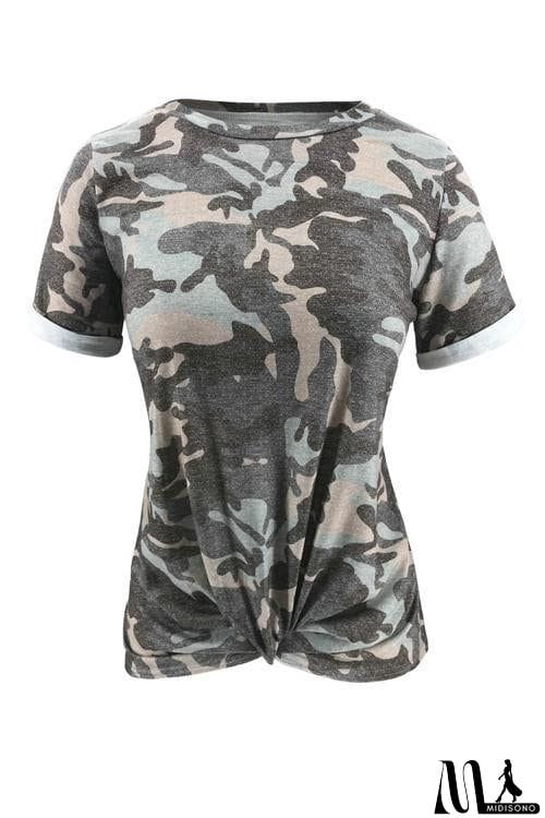 MidiSono - Camouflage Print Knot T Shirt