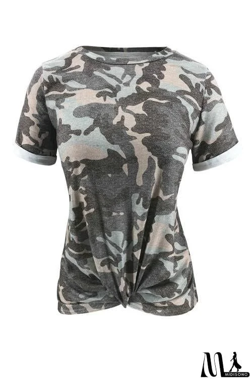 MidiSono - Camouflage Print Knot T Shirt