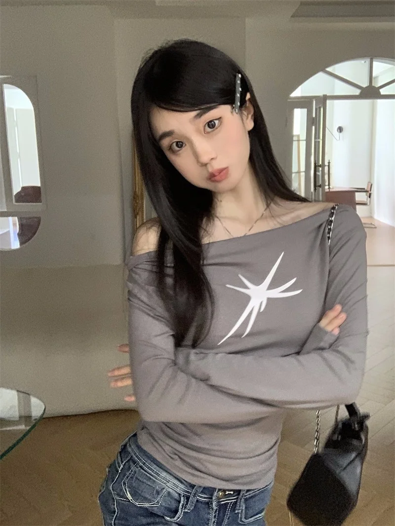 Athvotar Athvotar Word Shoulder Gray Print Long-Sleeved T-Shirt Women's Autumn Pure Hot Girl Chicly Bare Shoulder Bottom Shirt