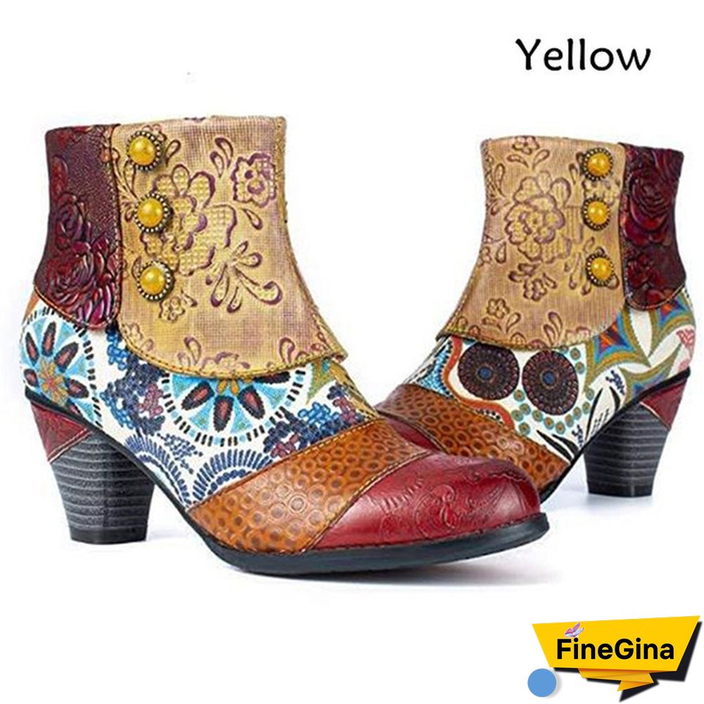 Ladies Fashion Round Toe Patent Leather High Thick Heel Stitching Casual Side Zipper