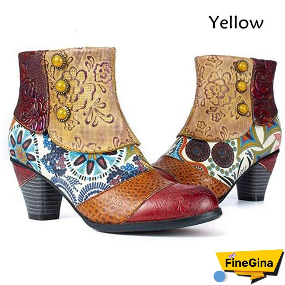 Ladies Fashion Round Toe Patent Leather High Thick Heel Stitching Casual Side Zipper