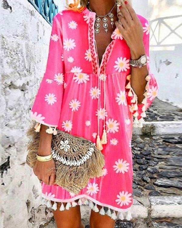 Women Boho Holiday Floral Tassel Sweet V Neck A-lined Mini Summer Dresses