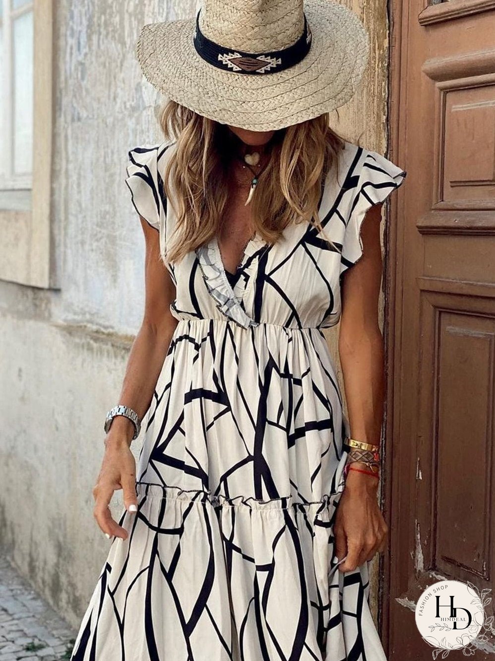 Tiered Maxi Dress with Abstract Faces