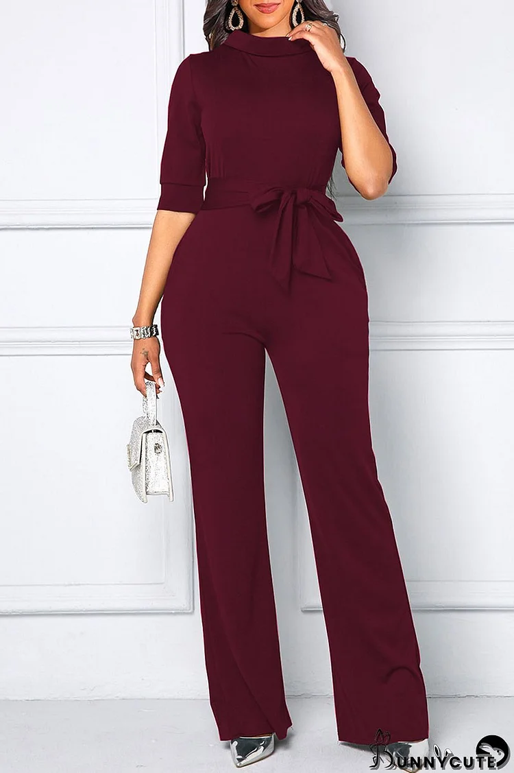 Burgundy Casual Solid Split Joint With Belt Half A Turtleneck Straight Jumpsuits