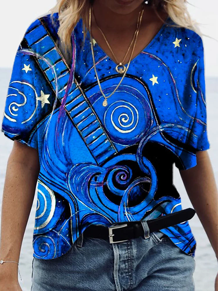 Starry Night Guitar V Neck Short Sleeve T Shirt