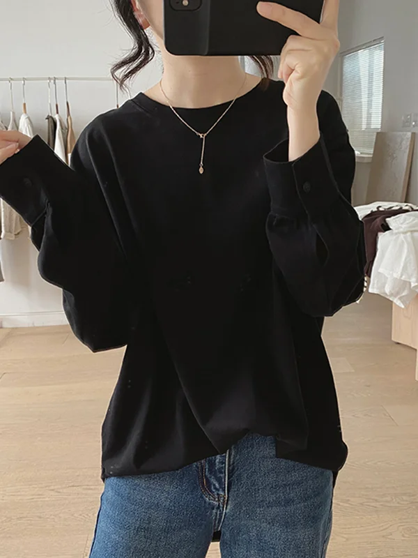 Long Sleeves Loose Solid Color Round-Neck T-Shirts Tops