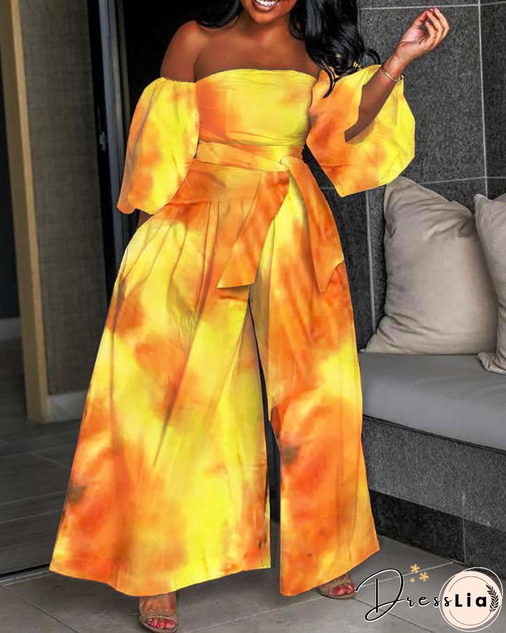 Off Shoulder Lantern Sleeve Tie Dye Print Wide Leg Jumpsuit