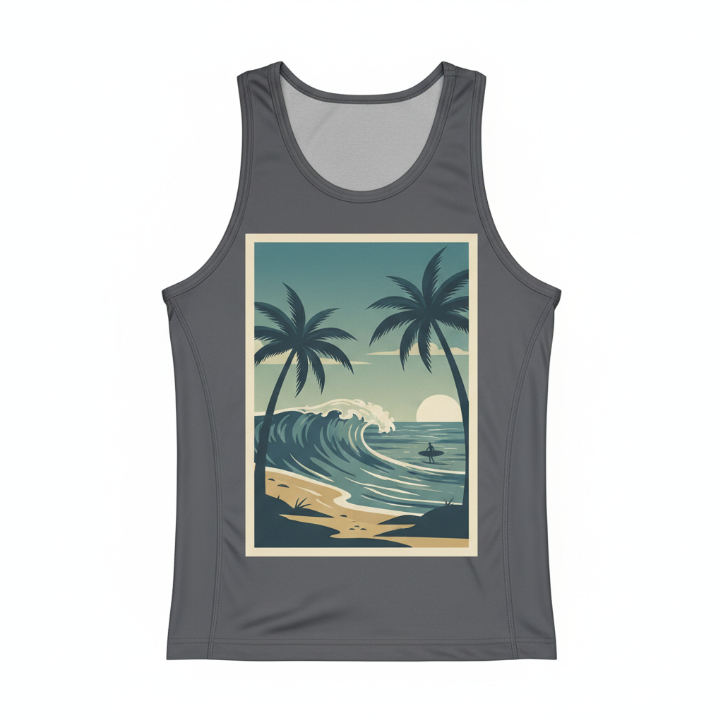 thesupersurf Gray Tank Top with Tropical Beach Design 