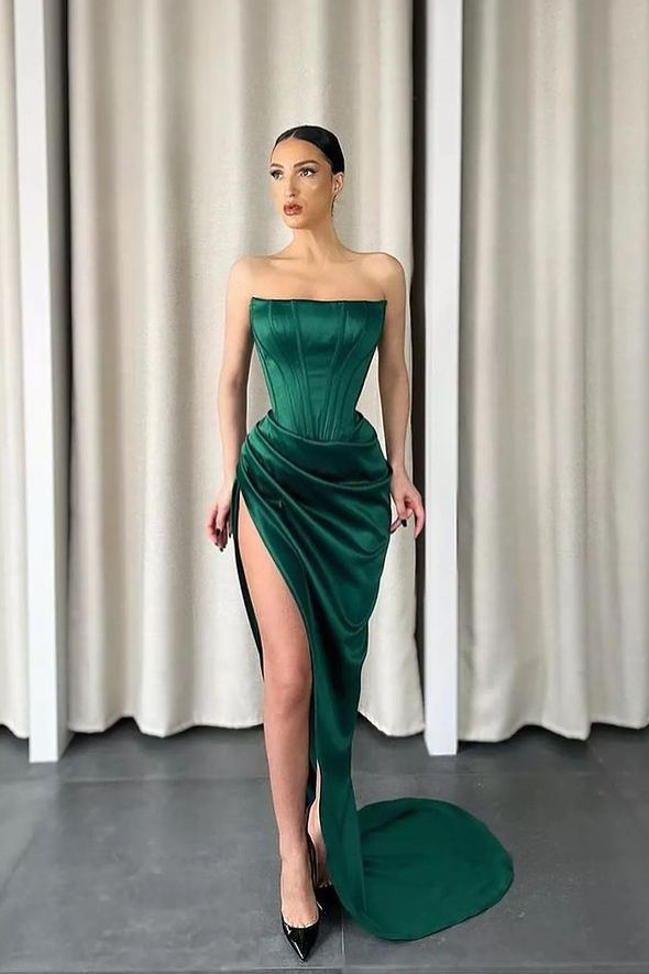 Dresseswow Dark green Strapless Mermaid Prom Dress Long With Slit