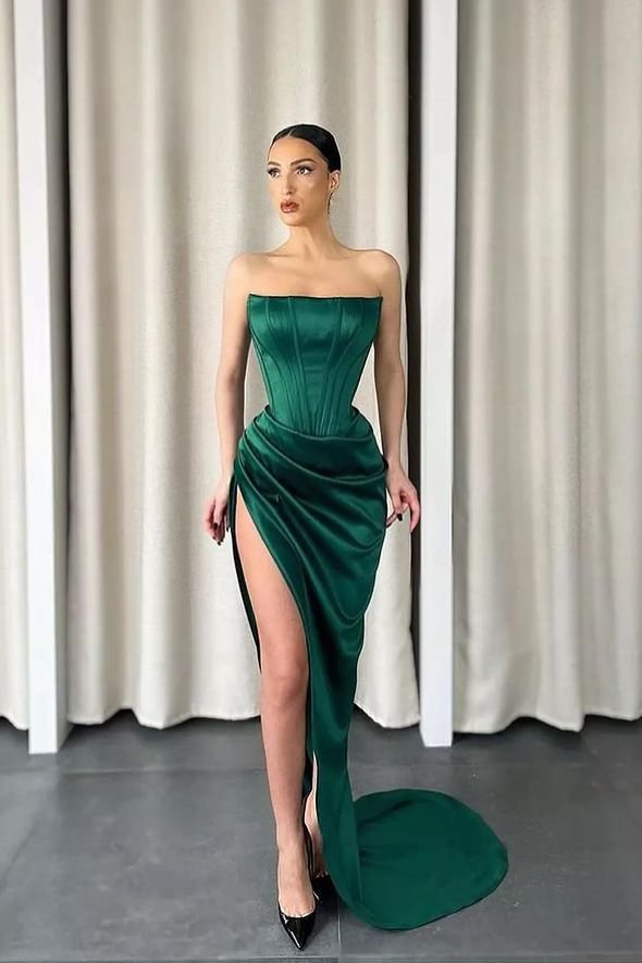 Dark Green Sleeveless Strapless Long Slit Mermaid Prom Dress | Ballbellas Ballbellas