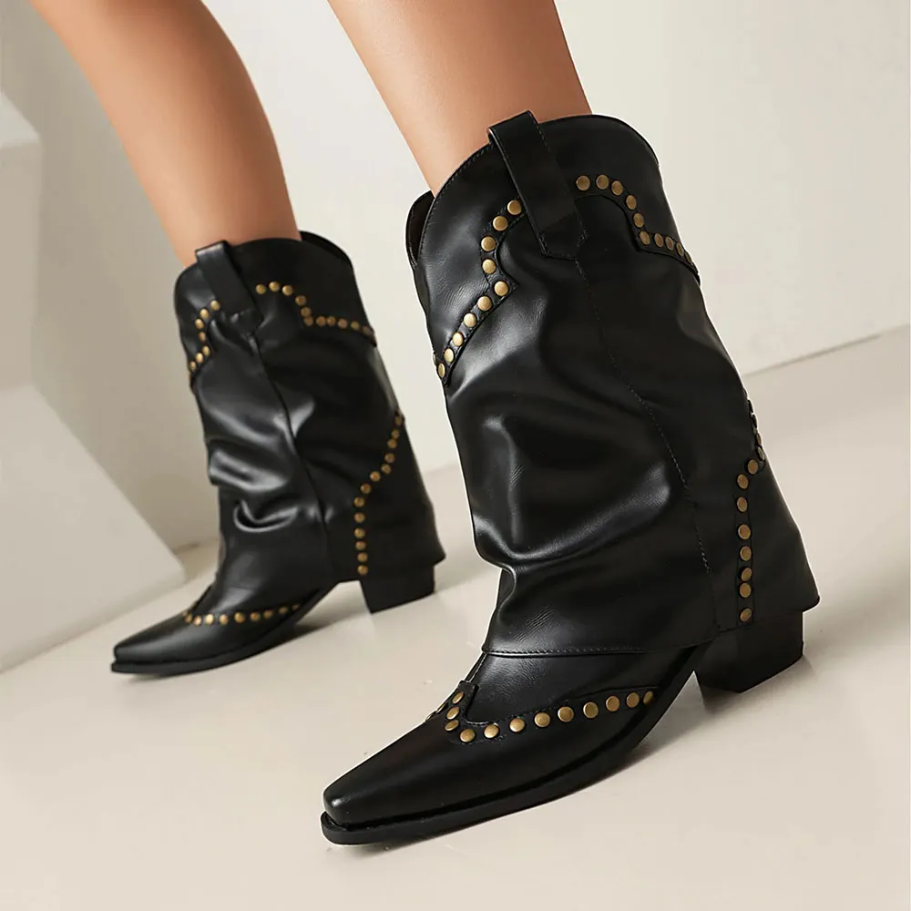 Black Snip Toe Chunky Heel Studded Fold Over Western Boots for Women