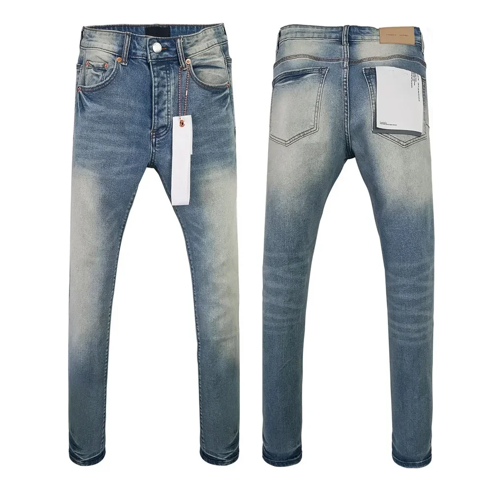 Wimaskel New Purples jeans American high street Retro wash hole patch trend straight Stylish low raise Elastic Skinny jeans brand pants