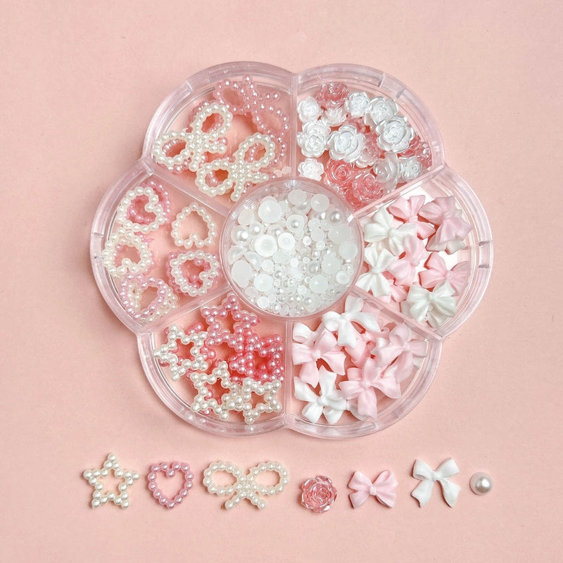 7-Grid Mixed Bow Pearl Nail Beauty Ornament Girl’s Style Mini Small Bow Tie Nail Material Package Box