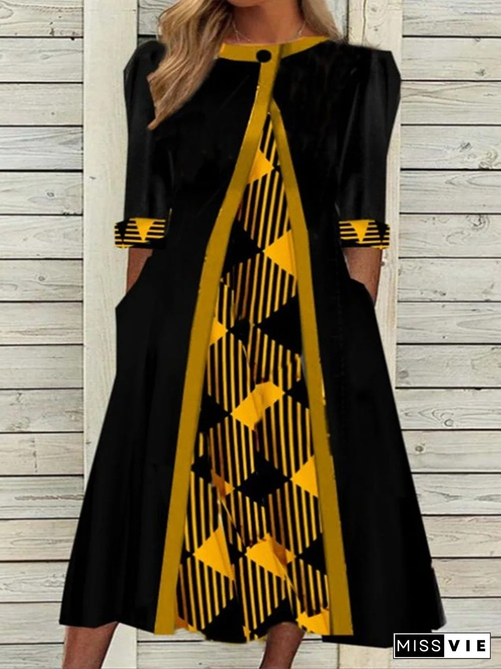 Women's Long Sleeve Scoop Neck Plaid Printed Maxi Dress