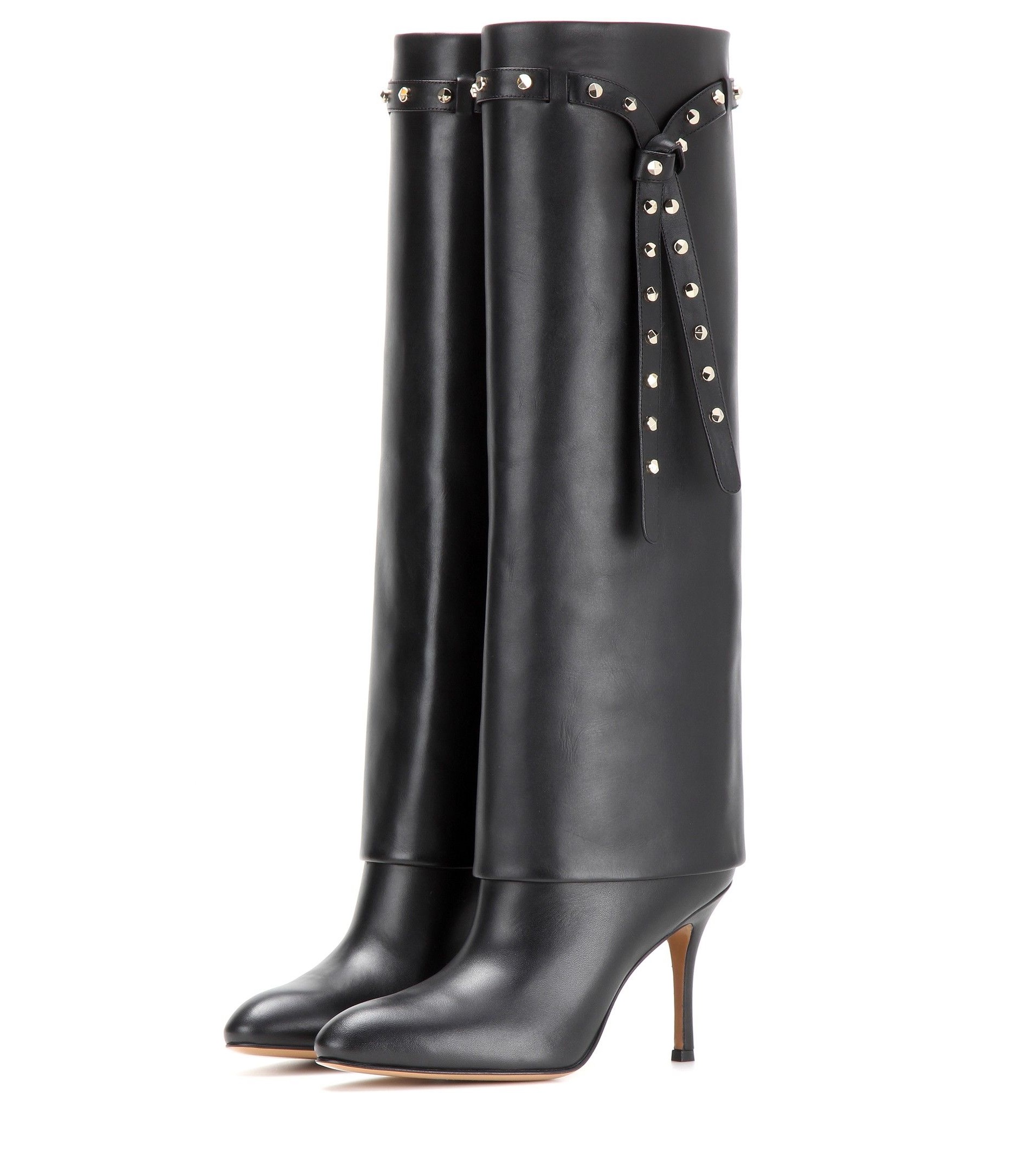 GOOSHOE Black Studded Knee High Stiletto Heel Long Boots