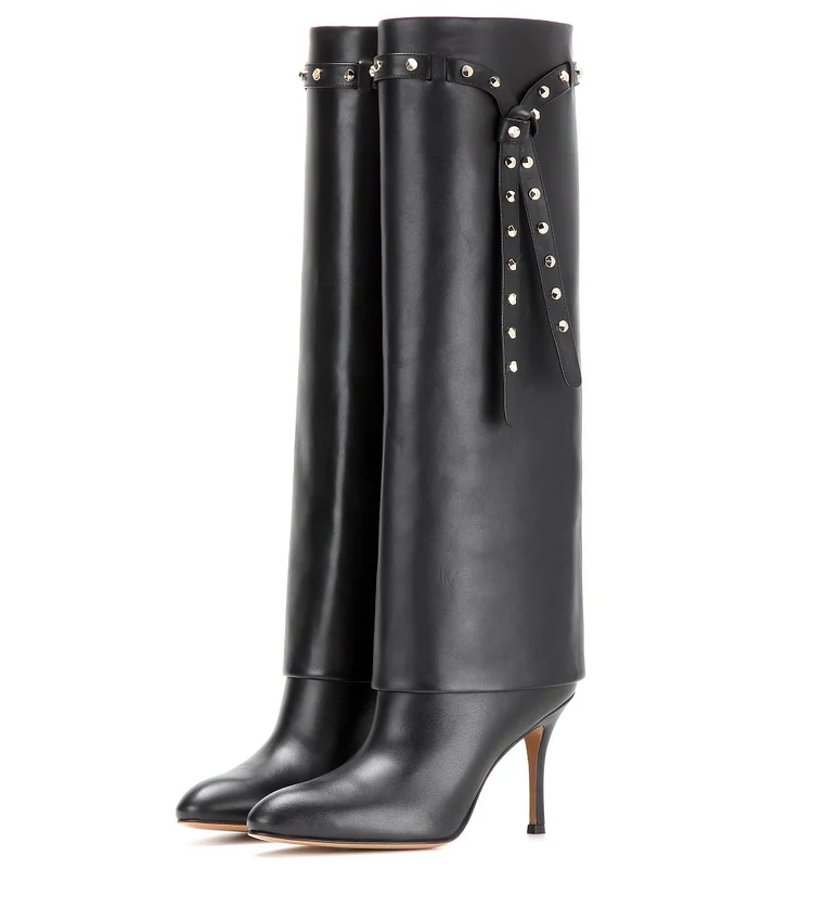 Black Studded Stiletto Heel Fold Over Knee-High Boots |FSJ Shoes