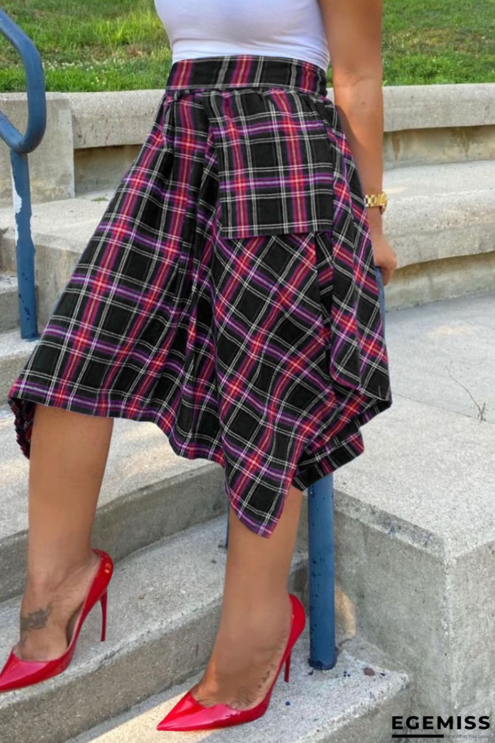 Black Casual Plaid Print Patchwork Asymmetrical Straight High Waist Type A Full Print Bottoms | EGEMISS