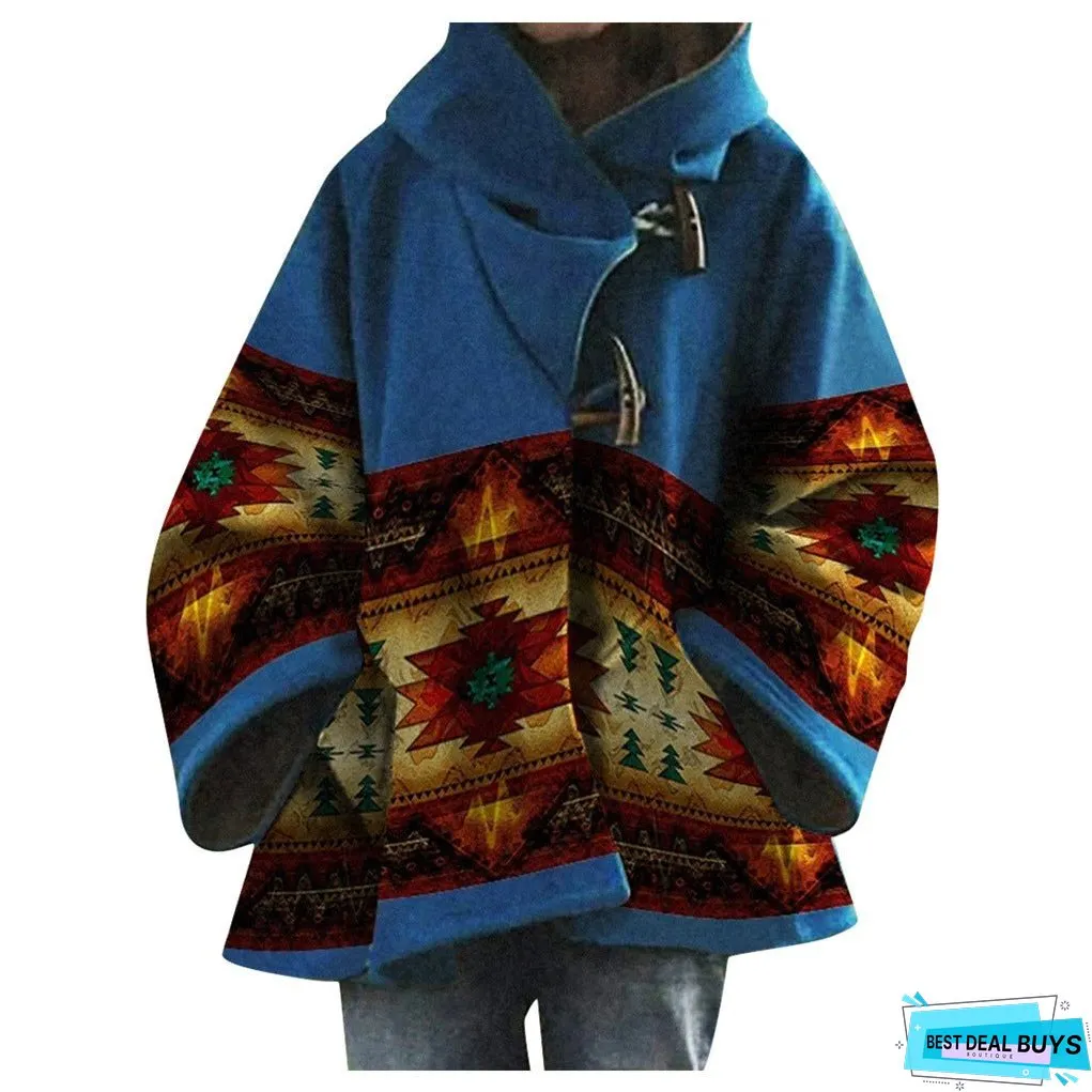 Women's Winter Loose Retro Printed Woolen Colors Coats