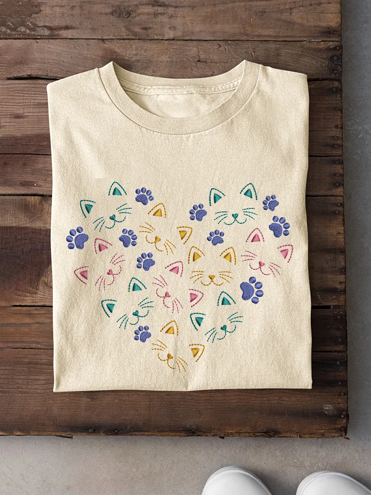 Cute Cat Embroidery Pattern Casual Cotton Short Sleeve T-Shirt