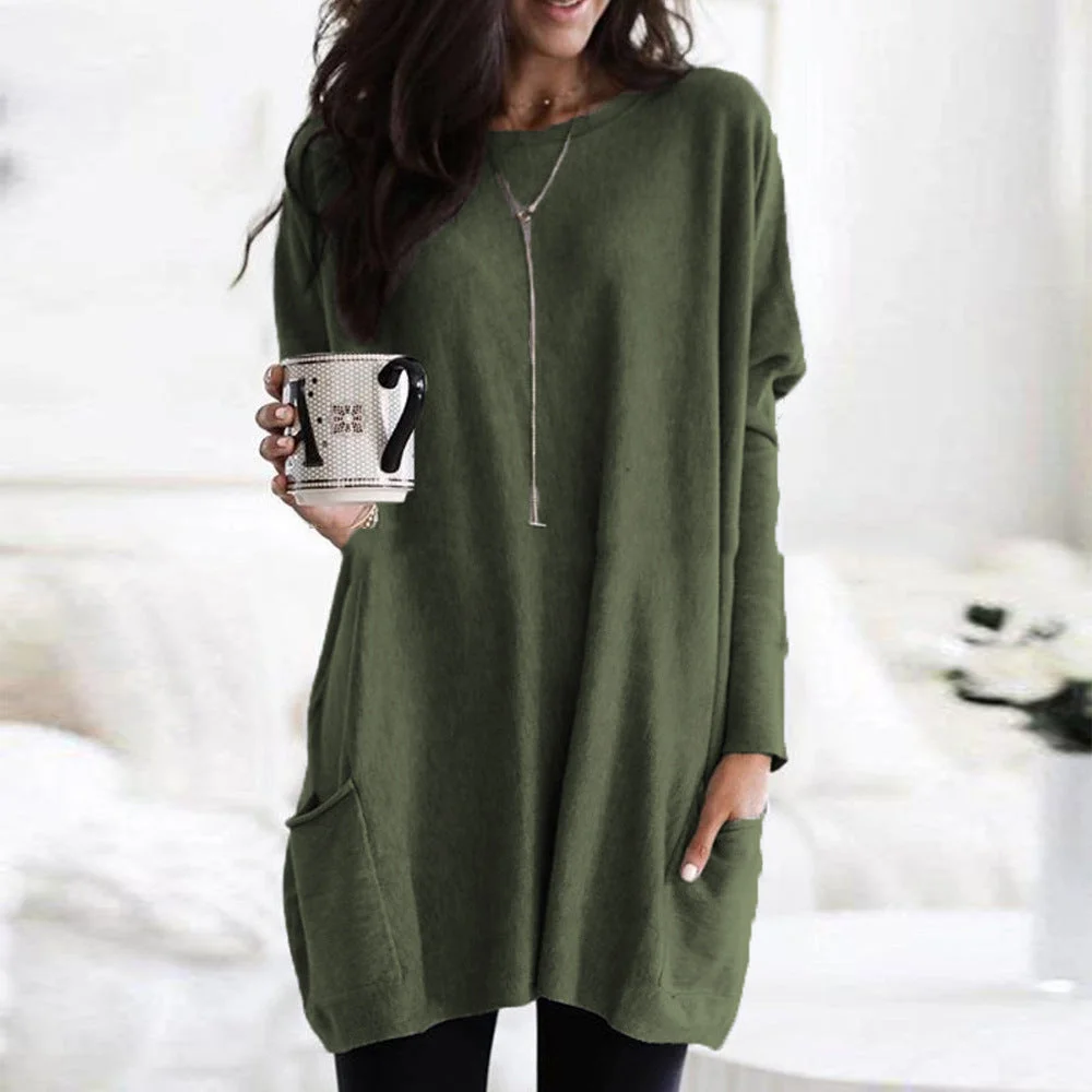 Uveng Autumn Pullover Casual Round Neck Long Sleeve Pocket T-shirt Top