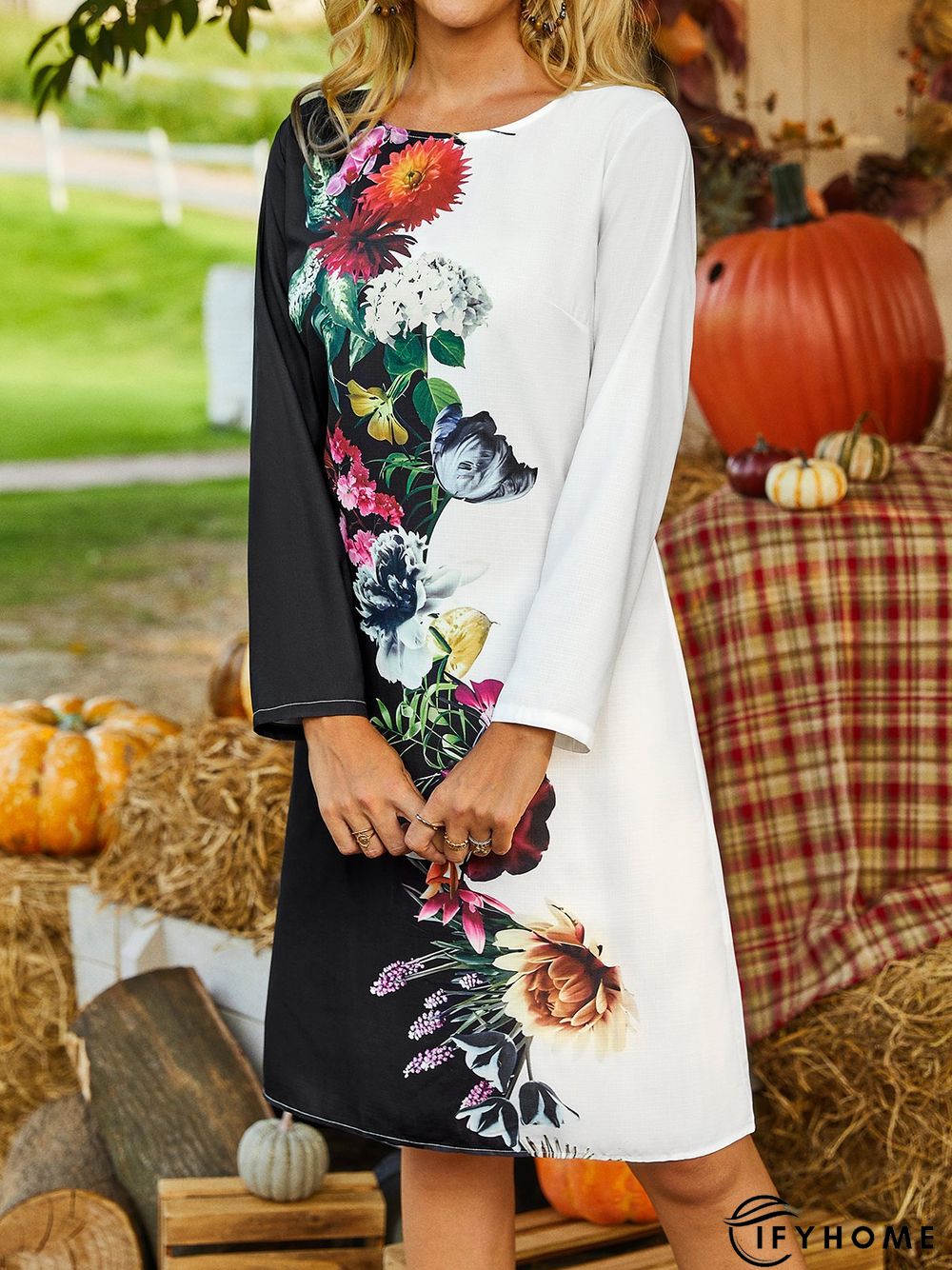 Casual Floral Crew Neck Long Sleeve Loose Tunic Dress | IFYHOME