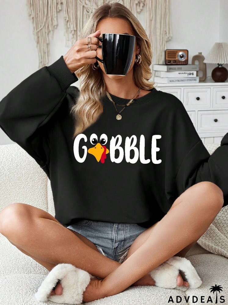 Casual Letter & Animal Pattern Crew Neck Loose Fit Thick Sweatshirt For Plus Size, Autumn/Winter