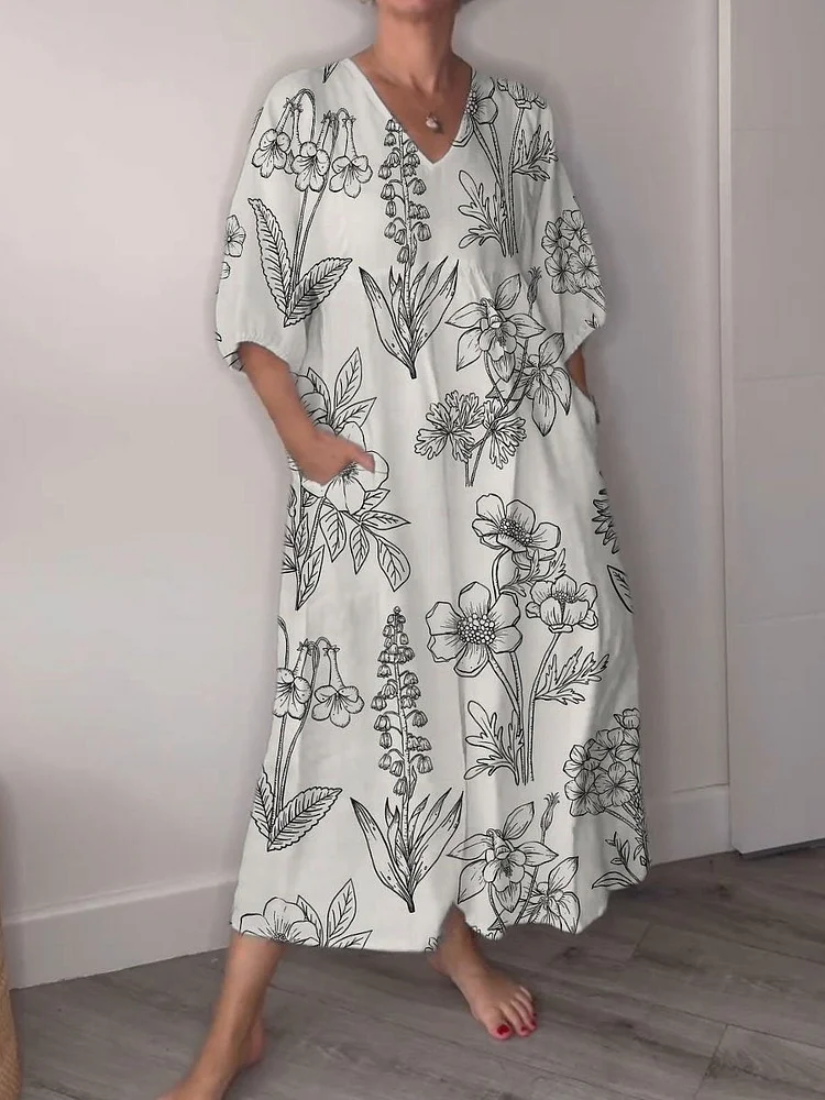 Line Drawing Floral Decorative Pattern Pocket V-neck Cotton Dress